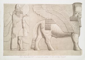 Byk z ludzką głową i skrzydlata postać z bramy w murze otaczającym Kouyunjik [Quyunjik], 1853