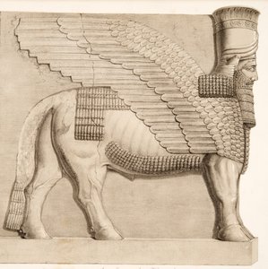 Ludzka głowa byka i skrzydlata postać z bramy w murze otaczającym Kouyunjik, z Monuments of Niniwa, pub. 1849