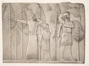 Myśliwi z Gazelą, zającem i ptakami (Khorsabad), z Monuments of Niniveh, wyd. 1849 autorstwa Austen Henry Layard