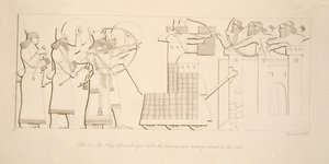 Król przed oblężonym zamkiem, taran robiący wyłom w murach, z Monuments of Niniveh, pub. 1849 autorstwa Austen Henry Layard