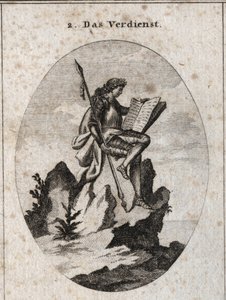 Allegorie du merite przedstawia na szczycie stromej skały z bronią i symbolizującą ją księgą jako rezultat jego prac i studiów. Grawerowanie w „” ikonologii lub pomysłach z zakresu pasji i alegorii przedstawionych do rysowania autorstwa Austrian School