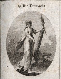 Alegoria zgody reprezentowana przez koronę granatów godło unii. Gałązka oliwna i symbol pokoju oraz wiązka ciasno powiązanych jardów oznaczają potęgę zjednoczonych sił. Grawer w „” Iconologie oder Ideen aus dem Gebiete der Leidens autorstwa Austrian School