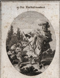 Alegoria wstrzemięźliwości, heroiczna cnota przedstawiana jako wojownik z hełmem i włócznią zwrócony ku ziemi. Unika walki z namiętnościami (reprezentowanymi przez miłość) i broni się przed ich cechami, by zachować czystość. Grawerowanie w „” Iconologi autorstwa Austrian School