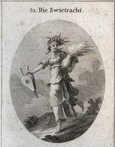 Alegoria niezgody. Jej włosy są zbudowane z żmij, a na czole zakrwawiony bandaż. W jednej ręce miech, aw drugiej wazon z ogniem. Grawerowanie w „” ikonologii lub idei z zakresu pasji i alegorii przedstawionych dla Z autorstwa Austrian School