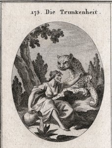 Alegoria pijaństwa. Trzyma dzban i kubek pełen wina, który zostawia. Jej symbolem jest panterkowy symbol furii pijaństwa. Grawerowanie w „” ikonologii lub pomysłach z królestwa pasji i alegorii przedstawionych dla Zei autorstwa Austrian School