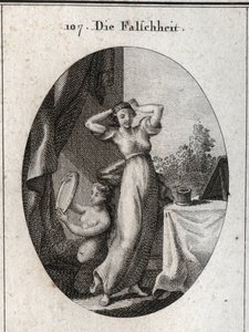 Alegoria fałszu. Jej emblematem jest syrena patrząca na siebie w lustrze. Grawerowanie w „” ikonologii lub idei z zakresu pasji i alegorii przedstawionych dla rysowników, malarzy, poetów, uczonych, pedagogów i przyjaciół Wyższej G autorstwa Austrian School