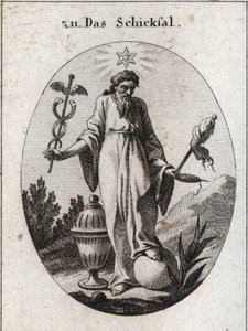 Alegoria losu. Gwiazda nad nim przedstawia raporty astrologii o wydarzeniach z życia ludzkiego. W jednej ręce trzyma liściasty symbol swojej mocy, az drugiej symbol pałki i fiuseau, którego zerwana nić wskazuje na kruchość życia. Ziemia autorstwa Austrian School