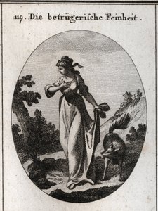 Alegoria finezji, która ma tendencję do zwodzenia. Jest reprezentowana z jedną ręką na piersi, a drugą za nią, trzymającą lisa symbol oszustwa. Grawerowanie w ikonologii „obrazowej” lub idei z kręgu namiętności i alegorii autorstwa Austrian School