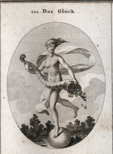 Alegoria fortuny przedstawiona z opaską na oczach, aby pokazać, że jest ślepa na swoje dary. Trzyma róg obfitujący w berła, korony, klejnoty i monety. Jest umieszczony na kuli, która szybko się obraca. Grawerowanie w „” Iconologie oder Ideen aus dem Gebiet autorstwa Austrian School