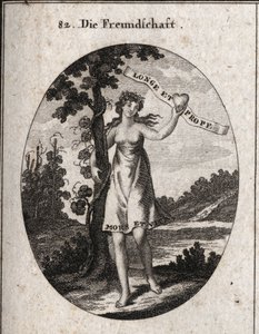 Alegoria przyjaźni. Kwiaty mirtu i granatu na jego koronie są symbolami miłości i harmonii. Przedstawia serce z napisem: „Longe et prope”” (Z daleka i z bliska). Na dole jego sukienki widnieje napis „Suki et vita” (Śmierć i życie). autorstwa Austrian School