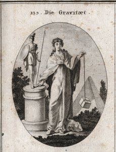 Alegoria grawitacji. Złoty łańcuszek, do którego przymocowany jest papier, symbolizuje zaufanie. Kolumna i posąg oznaczają zachowanie chwalebnych działań, a kamień oznacza ważenie. Grawerowanie w „” Iconologie oder Ideen aus dem Gebiete der Leidenschaften autorstwa Austrian School