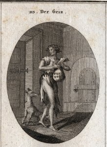 Alegoria chciwości przedstawiona w łachmanach ze złotym łańcuchem służącym mu do pasa, które podkreślają, że posiadanie majątku czyni ją niewolnikiem do tego stopnia, że odmawia jej potrzeb. Na giełdzie widnieje imię Pluton, bóg bogactwa w mitologii. Lew autorstwa Austrian School