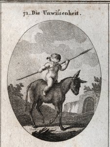 Alegoria ignorancji reprezentowana przez dziecko jadące na osiołku, z oczami wydłubanymi trzcinową laską (symbolizującą pusty mózg). Grawerowanie w ikonologii „” czyli idei z zakresu pasji i alegorii przedstawionych dla rysownika Mahlera autorstwa Austrian School