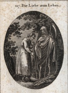 Alegoria miłości do życia. Stara kobieta woła śmierć, aby pomóc jej założyć drewniane prycze na głowę. Grawerowanie w „” ikonologii lub idei z zakresu pasji i alegorii przedstawionych dla rysowników, malarzy, poetów, uczonych, pedagogów autorstwa Austrian School