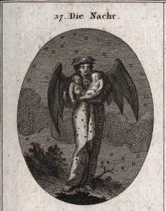 Alegoria nocy reprezentowana przez skrzydła nietoperza (nietoperza). Trzyma dwoje dzieci śpiących, jedno białe, drugie czarne (sen i koszmar). Grawerowanie w „” ikonologii lub pomysłach z dziedziny pasji i alegorii przedstawionych dla kreślarzy autorstwa Austrian School