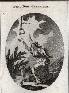 Alegoria posłuszeństwa. Trzyma jarzmo na ramionach i przesuwa się do przodu, aby otrzymać hamulec, który schodzi z otwartego nieba, w którym czytane jest słowo „miękki”. Jego atrybutem jest pies. Grawer w „” Iconologie oder Ideen aus dem Gebiete der Leiden autorstwa Austrian School
