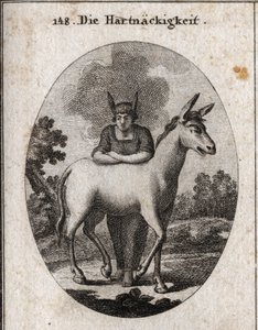 Alegoria uporu wsparta na mule. Ośle uszy na jego głowie są symbolem ignorancji i uporu. Para wokół jego głowy oznacza, że jego inteligencja jest mroczna. Grawer w „” Iconologie oder Ideen aus dem Gebiete der Leidenschaften und Allego autorstwa Austrian School