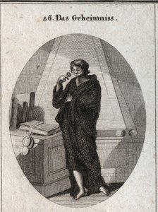 Alegoria tajemnicy pokryta czernią, by pogrzebać w niepamięć powierzone mu tajemnice. Na ustach ma opaskę, do której dodaje pieczątkę. Grawerowanie w „” ikonologii lub idei z zakresu pasji i alegorii przedstawionych dla Z autorstwa Austrian School