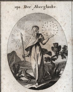 Alegoria przesądów. Trzyma świeczki i krąg gwiazd, który otacza znaki siedmiu planet, które uważa za niepokojące. Jego atrybutami są sowa i wrona. Grawerowanie w „” Iconologie oder Ideen aus dem Gebiete der Lei autorstwa Austrian School