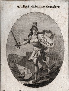 Alegoria epoki żelaza, która charakteryzuje się przemocą, złą wiarą i zdradą. O okrutnym wyglądzie, uzbrojona w hełm w głowie wilka, trzyma miecz i tarczę, w której reprezentowane są oszustwa i występki (syrena i wąż o ludzkich twarzach). mi autorstwa Austrian School