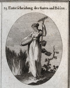 Alegoria rozróżnienia między dobrem a złem. Sito oddziela dobre ziarno od plew, a grabie służą do usuwania chwastów. Grawerowanie w „” ikonologii lub pomysłach z dziedziny pasji i alegorii przedstawionych na rysunkach autorstwa Austrian School