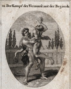 Alegoria walki rozsądku i apetytu. Ziemski i cielesny apetyt przedstawiony przez Ante i Herkulesa (Herakles) symbolizuje rozum, siłę i odwagę, która odbiera i dławi Ante. Grawerowanie w „” Iconologie oder Ideen aus dem Gebiete der Le autorstwa Austrian School