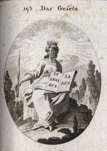 Alegoria prawa. Jego promienna diadema oznacza jego boskie pochodzenie. Berło oznacza jego autorytet, a księga jest otwarta lub z napisem „”In Legibus Salus”” oznacza, że obiecuje nagrodę tym, którzy są jej posłuszni. Grawerowanie w „” Iconologie oder Idee autorstwa Austrian School