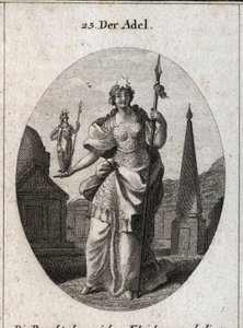 Alegoria szlachty. Gwiazda oznacza uniesienie uczuć. Posąg Minerwy i włócznia wskazują na to, że może ona zdobyć zasługi w nauce i broni. Grawer w „” Iconologie oder Ideen aus dem Gebiete der Leidenschaften und Allegorien bild autorstwa Austrian School
