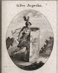 Alegoria podejrzenia wycina za tarczą, na której stoi lew, symbol podejrzenia według Arystotelesa, oraz kogut na hełmie reprezentujący czujność. Grawer w „” Iconologie oder Ideen aus dem Gebiete der Leidenschaften und Alleg autorstwa Austrian School
