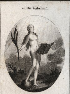 Alegoria prawdy przedstawiała nago bez sztuczności i naturalnego spojrzenia na światło słoneczne. Palma symbolizuje triumf oszustwa, a książka reprezentuje studium. Grawer w „” Iconologie oder Ideen aus dem Gebiete der Leidenschaften und Allegor autorstwa Austrian School