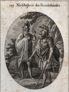 Alegoria marności bogactw: Cesarz Konstantyn Wielki kreśli na ziemi włócznią ludzkie ciało i mówi: „Gdybyście przybyli po wszystkie bogactwa świata, w końcu zostałaby tylko ta przestrzeń, gdyby była przyznane tobie. Grawerowanie w autorstwa Austrian School