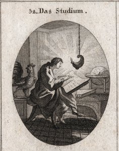 Alegoria pisania do biurka oświetlonego światłem. Kogut to atrybut czujności. Grawerowanie w „ikonologii lub idei z zakresu pasji i alegorii przedstawionych dla rysowników, malarzy, poetów, uczonych i pedagogów autorstwa Austrian School