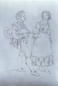 Projekty kostiumów dla Figara i Zuzanny z opery „Wesele Figara” Wolfganga Amadeusza Mozarta (1756-91) (rycina) autorstwa Austrian School