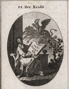 Alegoria kredytowa trzymająca księgę z napisem „Solutus omni foenore” (Wolny od wygranej wszystkich). W tle gryf symbol zachowania i zachowania tresorów. Grawerowanie w „” Iconologie oder Ideen aus dem Gebiete der Leiden autorstwa Austrian School