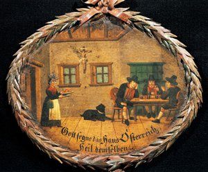 Klienci siedzący przy stole w karczmie i kelnerka, owalny znak na karczmę, Austria autorstwa Austrian School