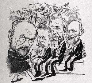 Emile Zola próbuje odblokować zamki zamykające usta prezydentów Jean Casimir-Perier (1847-1907) i Felixa Faure (1841-1899) oraz przewodniczącego Rady Julesa Meline (1838-1925), podczas gdy w tle Henri Rochefort (1831-1913) powiedział Com autorstwa Austrian School