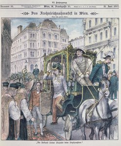 Cesarz Austrii Franciszek Józef przybywający do katedry św. Szczepana w Wiedniu z okazji święta Bożego Ciała (Fronleichnam), 1897; autorstwa Austrian School