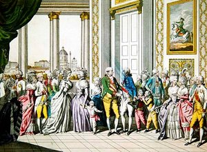 Cesarz Leopold II z rodziną przyjmuje w Wiedniu Ferdynanda I, króla Neapolu i Sycylii z rodziną autorstwa Austrian School