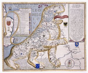 Leo Belgicus, przedstawiający Niderlandy w kształcie lwa, 1586