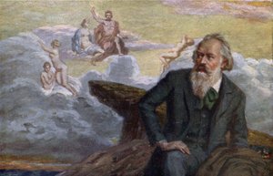Pocztówka przedstawiająca Johannesa Brahmsa (1833-97) komponującego I Symfonię op.68, ok.1900 autorstwa Austrian School