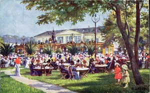 Pocztówka przedstawiająca taras kawiarni Meierei-Tivoli, dzielnica Schonbrunn, Wiedeń autorstwa Austrian School
