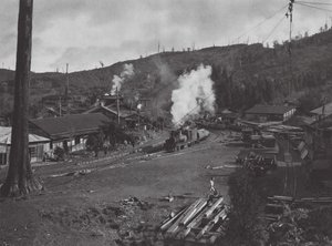 Japonia: Numanohira, transport drewna (zdjęcie czarno-białe)