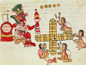 Hazard Patoli i bóg Xochipilli z Codex Magliabechiano (welum)