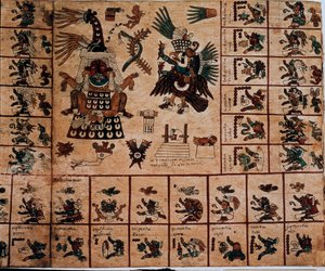 Reprezentacja bóstw Azteków i pudełka odpowiadające kalendarzowi. Strona z azteckiego rękopisu o korze „Codex Borbonicus”, prekolumbijski kodeks rdzennych mieszkańców środkowego Meksyku, koniec XV wieku. Biblioteka Zgromadzenia Narodowego (Palais Bourbon). autorstwa Aztec