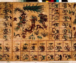 Reprezentacja bóstw Azteków i pudełka odpowiadające kalendarzowi. Strona z azteckiego rękopisu o korze „Codex Borbonicus”, przedkolumbijski kodeks rdzennych mieszkańców środkowego Meksyku, koniec XV wieku. Biblioteka Zgromadzenia Narodowego (Palais Bourbon autorstwa Aztec