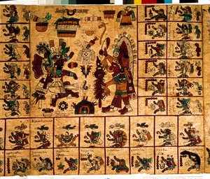 Reprezentacja bóstw Azteków i pudełka odpowiadające kalendarzowi. Strona z azteckiego rękopisu o korze „Codex Borbonicus””, przedkolumbijski kodeks rdzennych mieszkańców środkowego Meksyku, koniec XV wieku. Biblioteka Zgromadzenia Narodowego (Palais Bourbo