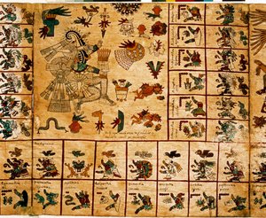 Reprezentacja bóstw Azteków i pudełka odpowiadające kalendarzowi. Strona z azteckiego rękopisu o korze „Codex Borbonicus””, przedkolumbijski kodeks rdzennych mieszkańców środkowego Meksyku, koniec XV wieku. Biblioteka Zgromadzenia Narodowego (Palais Bourbo autorstwa Aztec