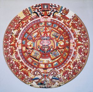 Cywilizacja prekolumbijska: kalendarz aztecki (Kamień Słońca): dysk reprezentujący kalendarz aztecki i kosmogonię (Tonalpohualli)