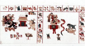 Aztecki bóg Cihuacohuatl przedstawiony w rękopisie hieroglificznym, piktogramy.