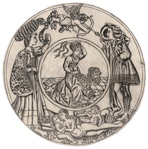 Arystoteles i Phyllis w otoczeniu Młodego Mężczyzny i Kobiety z Erosem oraz leżącej nagiej Kobiety z dwójką dzieci, II poł. XV w. (rycina) autorstwa Baccio (circle of) Baldini
